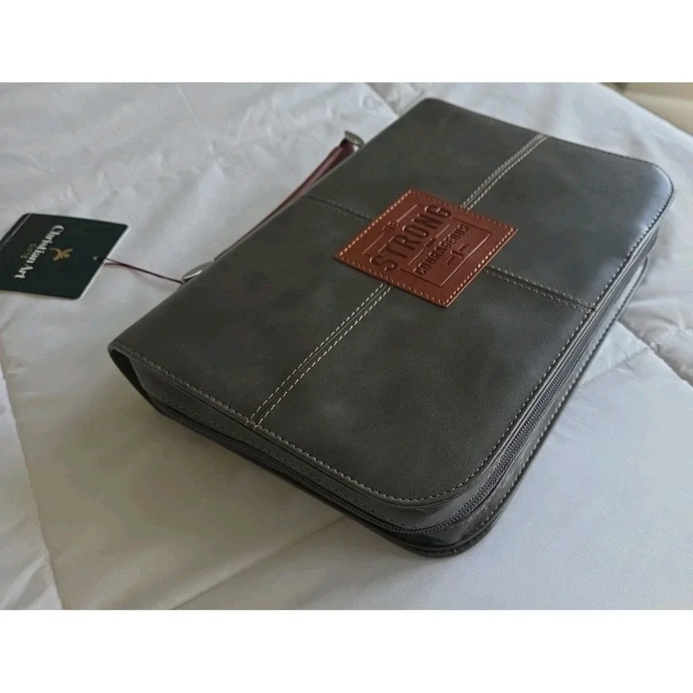 Men's Bible Cover - Be Strong and Courageous, Gray Faux Leather